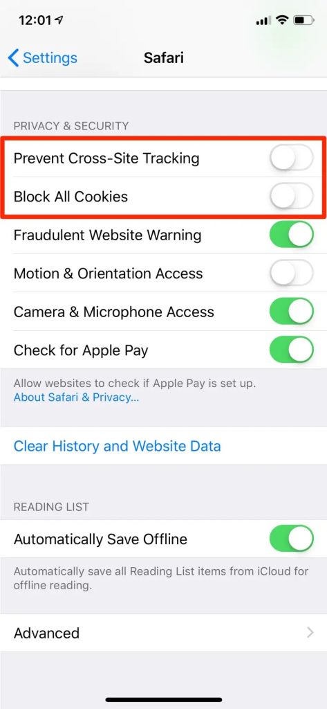 Cross-Site Tracking and Block All Cookies settings on iPhone