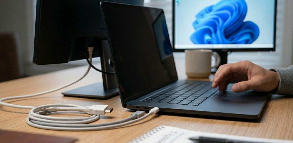 Step-by-Step: How to Fix a Laptop Black Screen on Windows 11 and Mac 2 A laptop with a black screen connected to an external monitor displaying the Windows 11 desktop
